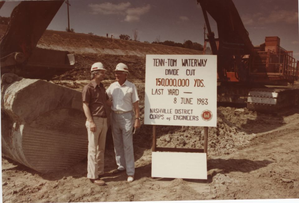 Archival photograph of the waterway excavation during construction.