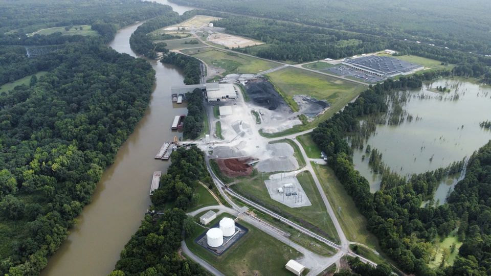 Aerial view of the Lowndes County port facility beside the waterway.