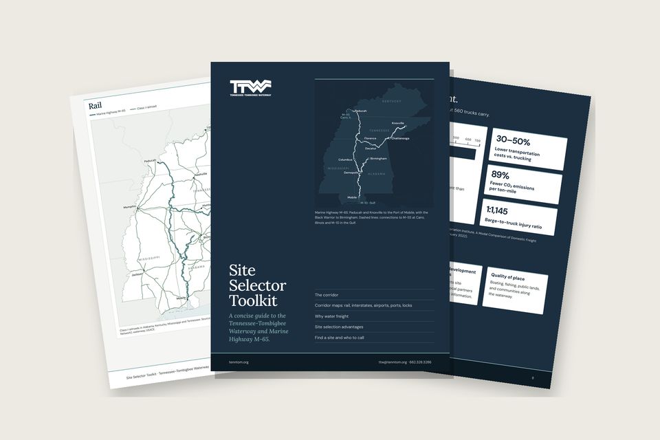 Pages from the Site Selector Toolkit: the cover, the rail map, and why water freight