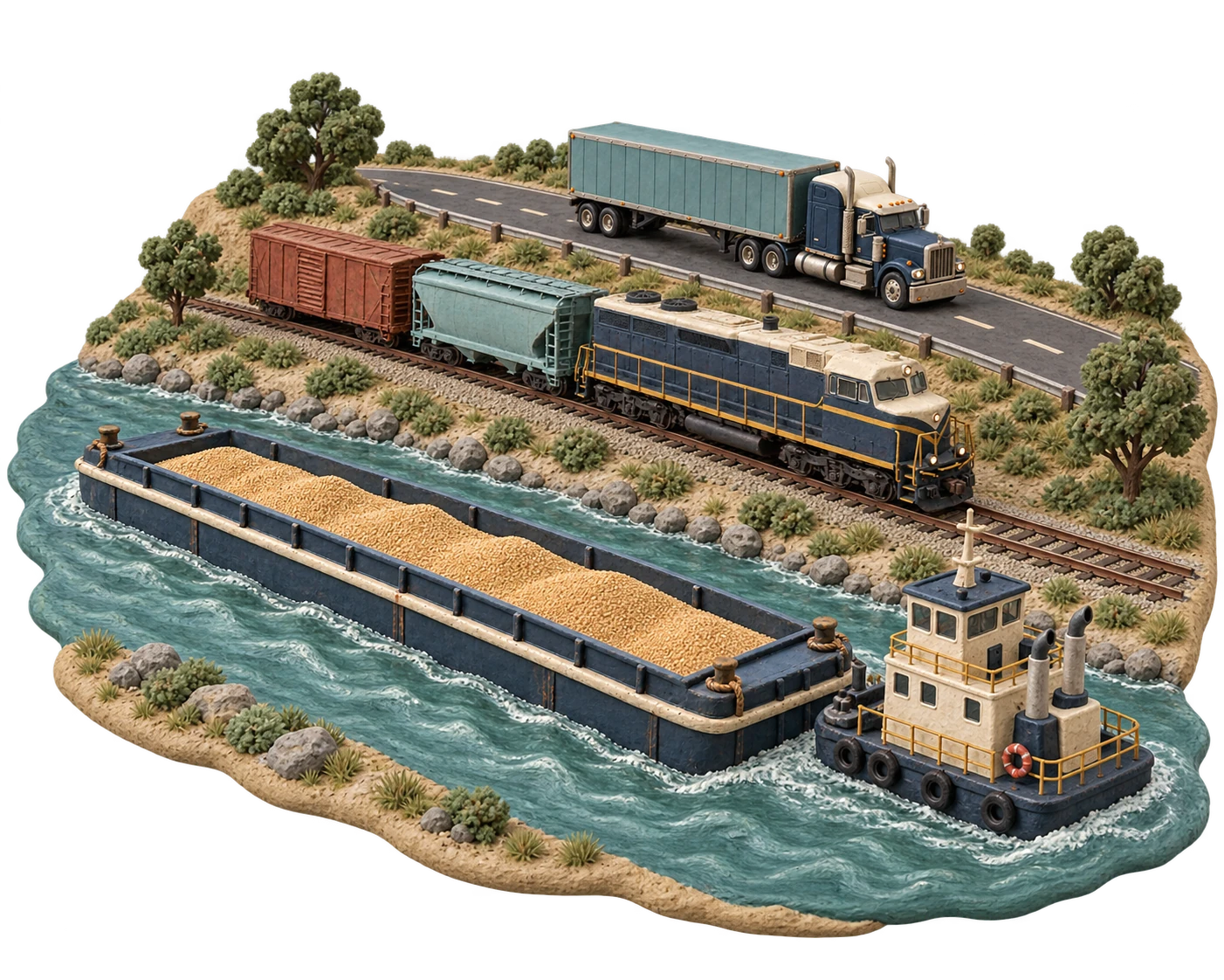 One clay landscape connects a river with a tugboat pushing a grain barge, a freight train on the bank, and a semitrailer truck on the road.