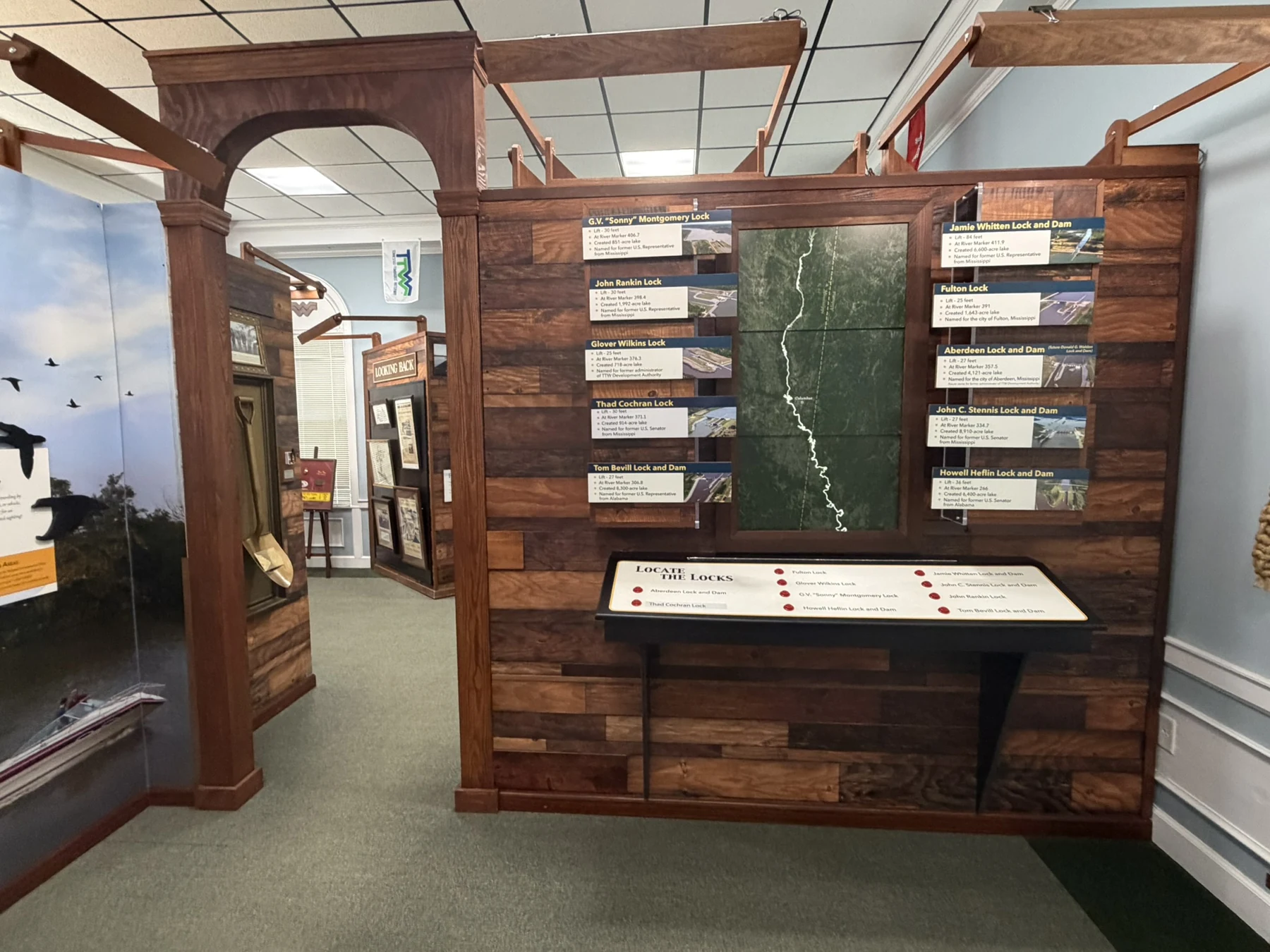 The Locate the Locks exhibit, with a waterway map and red buttons