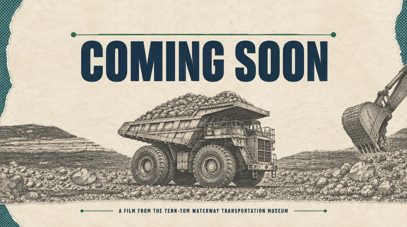 Coming soon: a film from the Agnes Zaiontz Tennessee-Tombigbee Waterway Transportation Museum. An engraved illustration of a loaded dump truck and an excavator moving earth.