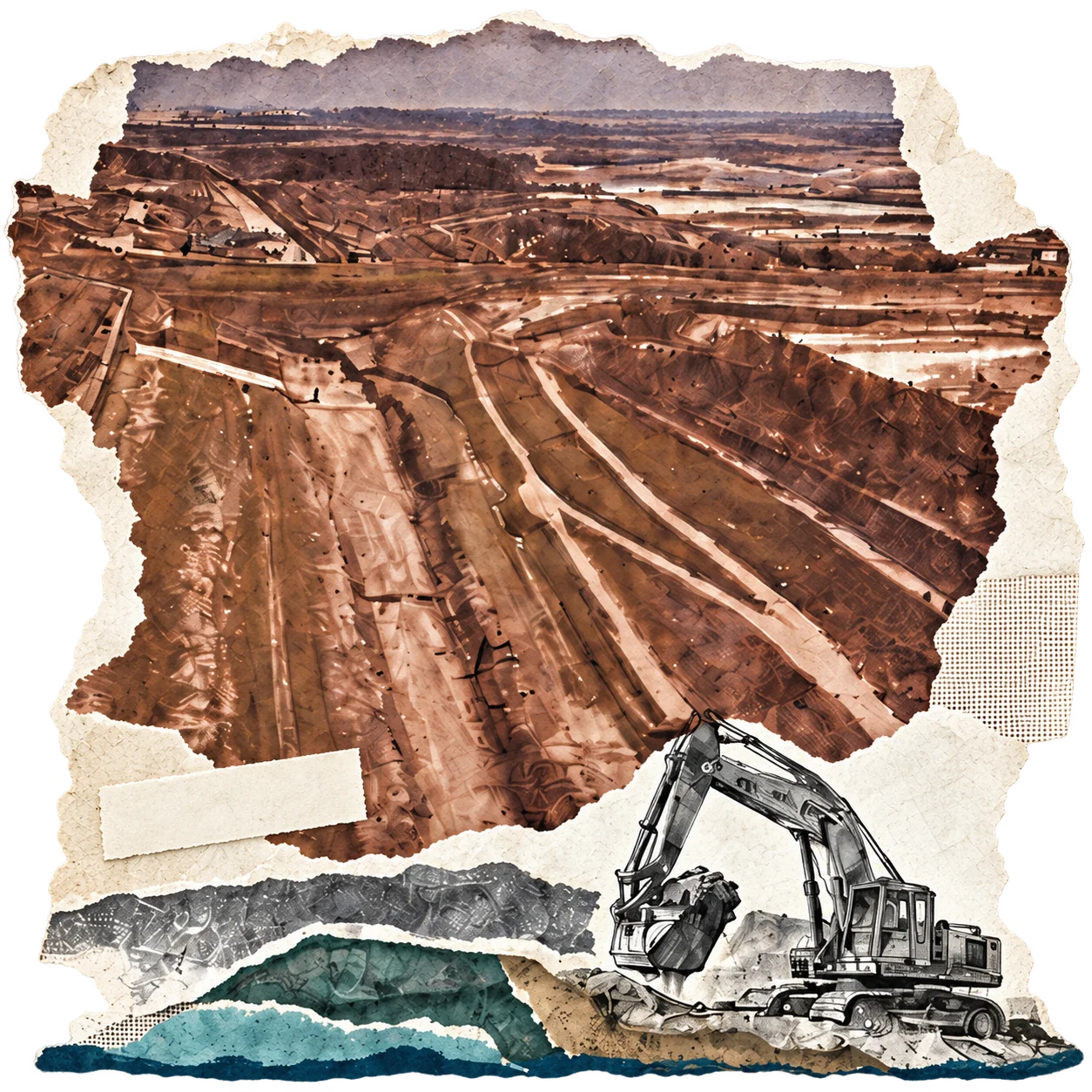 Illustrated excavation of the Divide Cut, with a pencil-drawn excavator over torn layers of earth