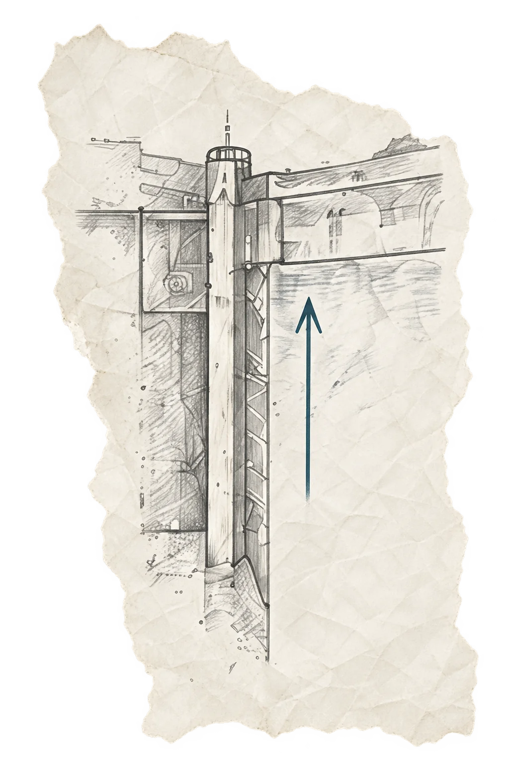 Pencil drawing of a lock gate with an upward arrow
